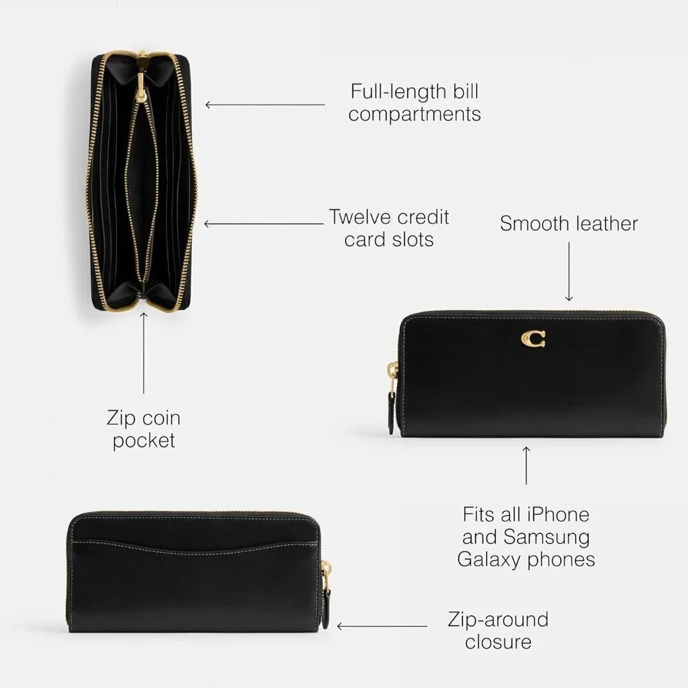 Women's Smooth Leather Essential Slim Accordion Zip, Black